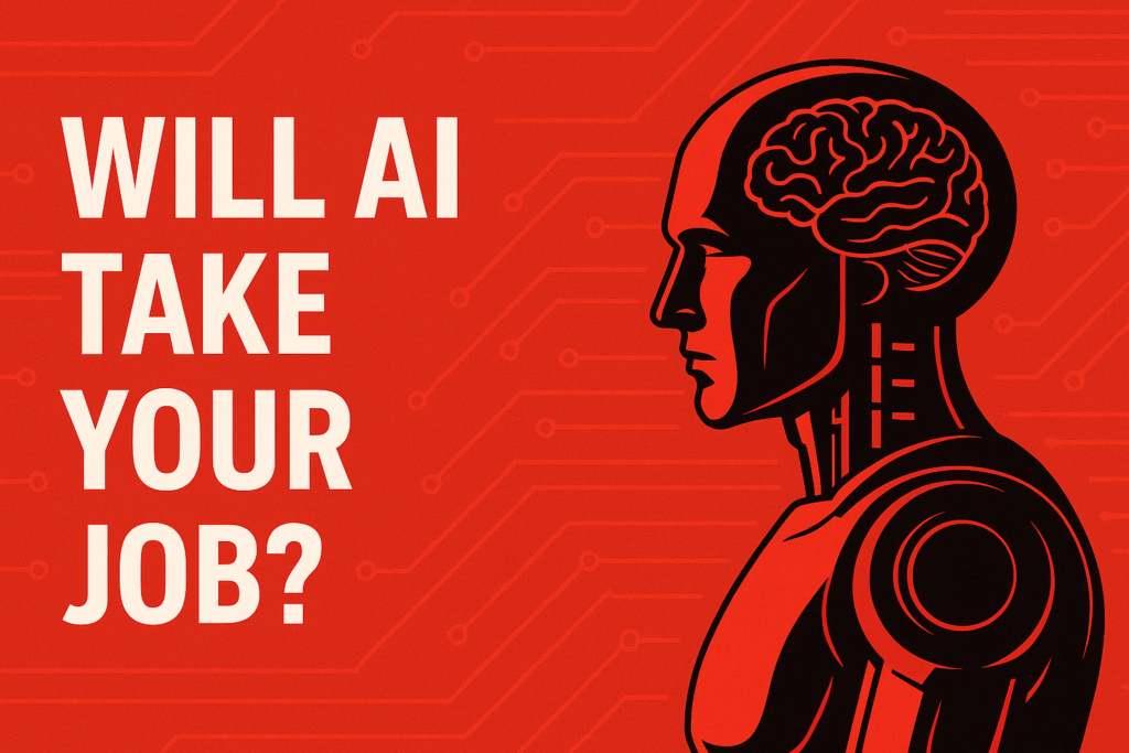 Illustration of a humanoid robot with a brain, questioning 'Will AI Take Your Job?' on a red and black tech-themed background.