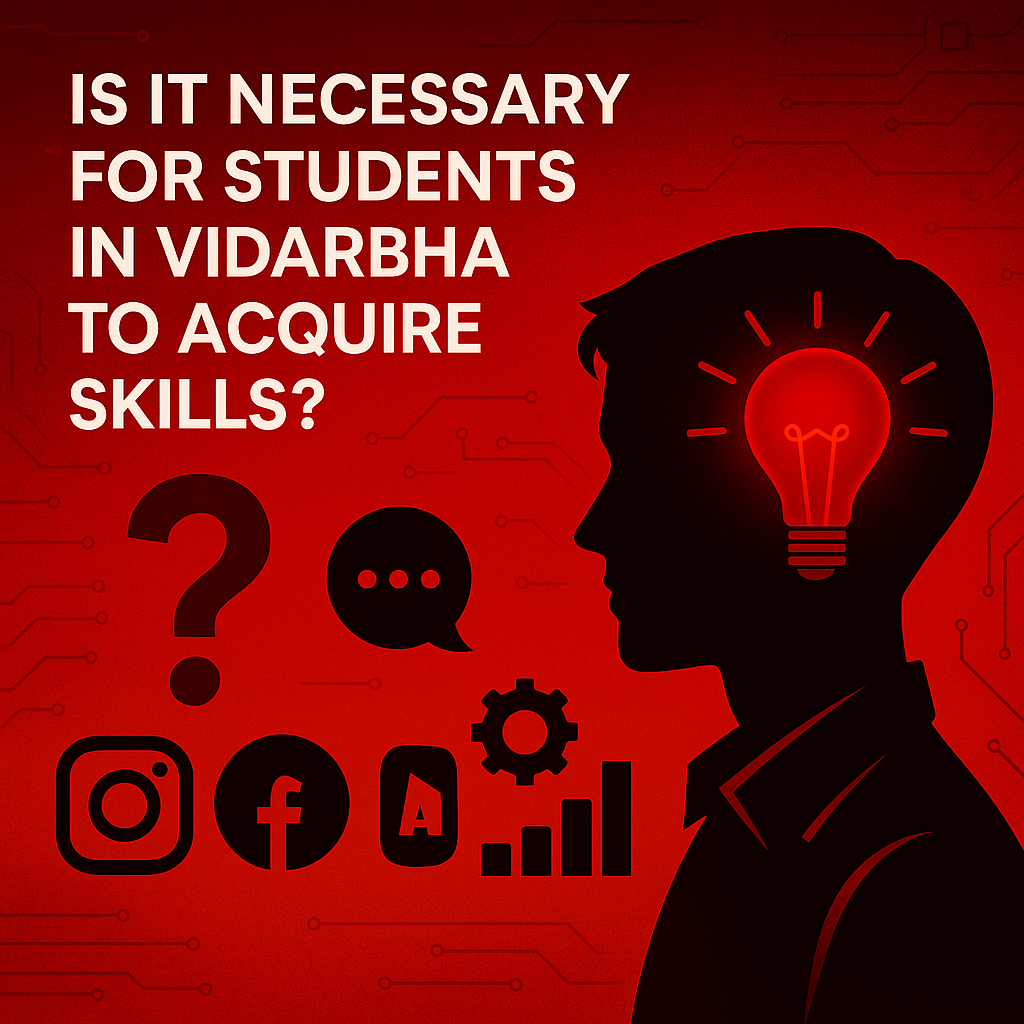 "Silhouette of a student with a glowing lightbulb brain, surrounded by Facebook, Instagram, YouTube, ChatGPT, Gemini, Leonardo AI, and WordPress logos, highlighting the question: Is it necessary for students in Vidarbha to acquire skills?"