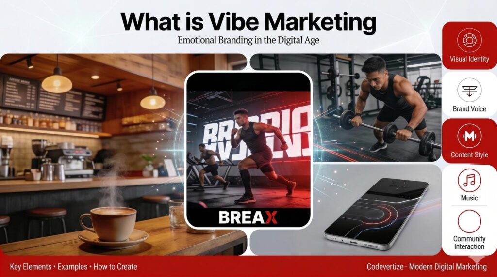 An infographic explaining what is vibe marketing and emotional branding, featuring visual examples of a cozy coffee shop, an energetic fitness brand, and sleek technology, alongside key elements like visual identity and brand voice.