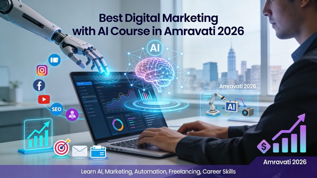 Modern blog featured image showing a person working on a laptop with a digital marketing analytics dashboard, AI brain and robotic hand interface, social media and marketing icons, growth charts, and futuristic automation interface representing career growth and technology for the Best Digital Marketing with AI Course in Amravati 2026.